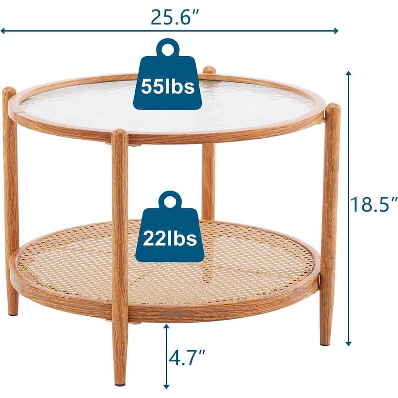 VINGLI Double-Layered Round Water Ripple Glass with Heat Transfer Wood Grain Iron Frame Coffee Table