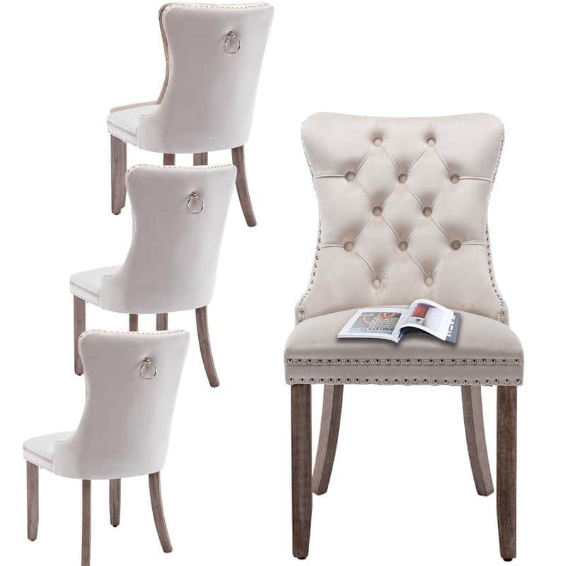 High-end Tufted Velvet Upholstered Nailhead Dining Chair Set of 6 - Set of 2 - Beige