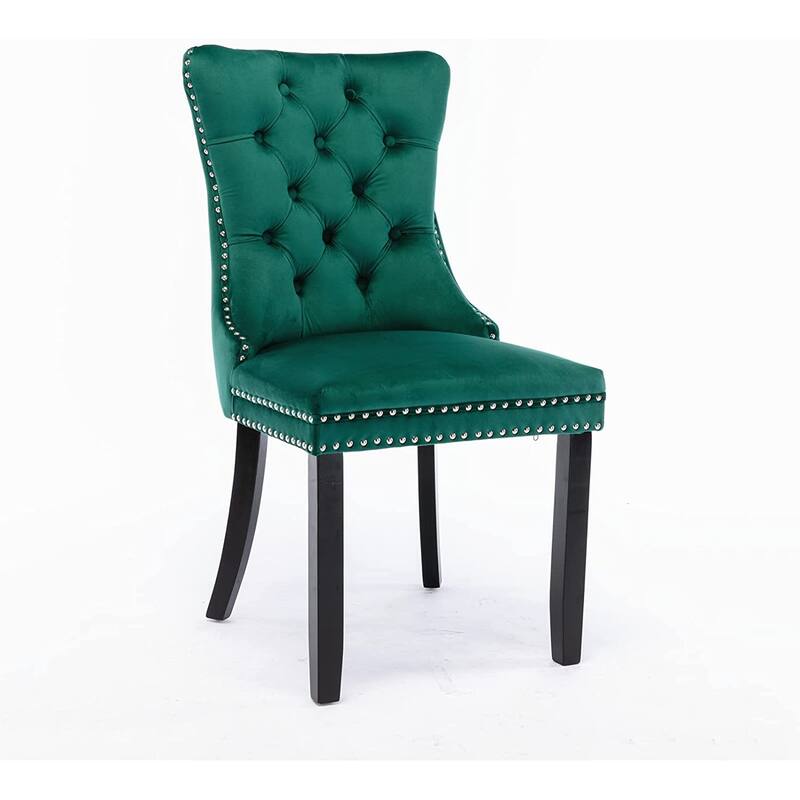 Set of 2 Velvet Dining Chairs – Tufted Upholstered Armless Accent Chairs with Nailhead Trim & Back Ring Pull