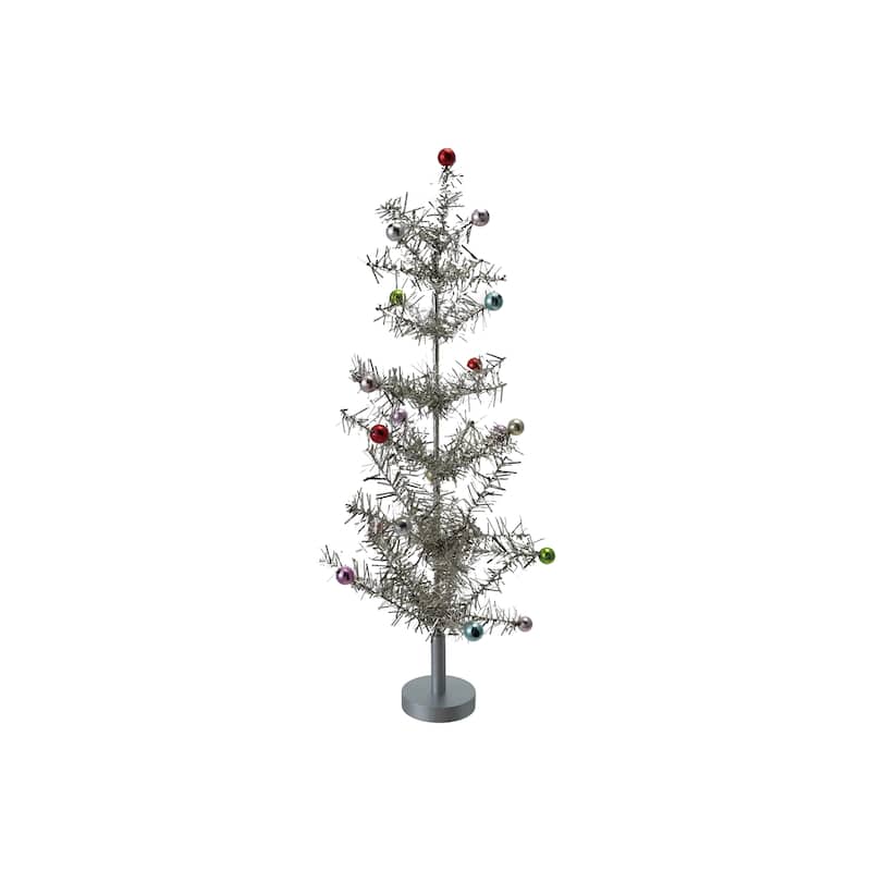 Tinsel Tree with Multicolor Ball Ornaments - 2.75"L x 2.75"W x 17.0"H - Silver