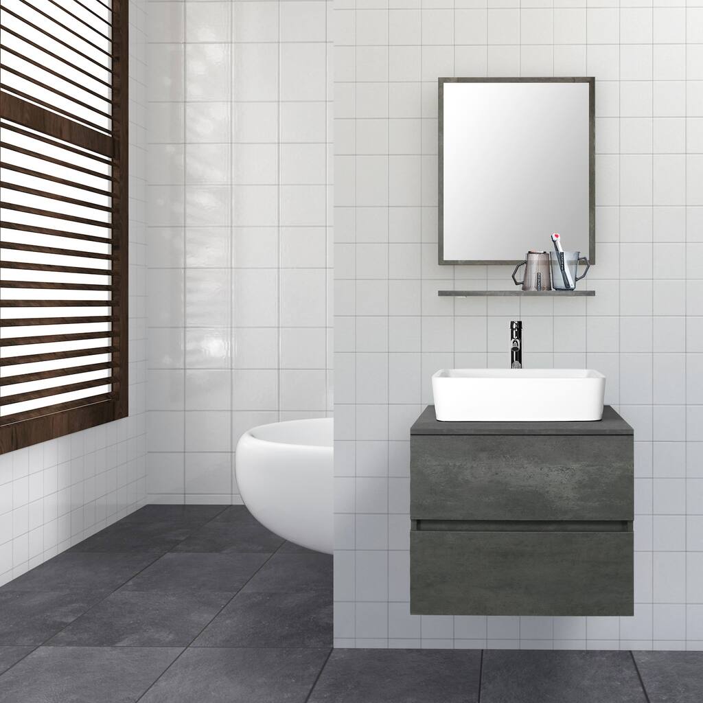 eclife 24" Bathroom Wall Mounted Vanity Tempered Glass Ceramics Sink Combo Grey 2 Drawer Cabinet Vanity Set