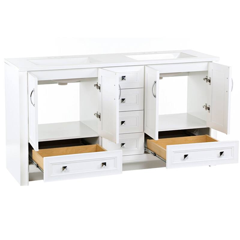 Spring Mill Cabinets Nimay 60.5" Double Bathroom Vanity With 5 Drawers, 2 Cabinets, and White Sink Top