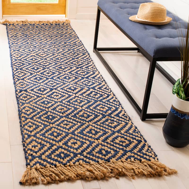 SAFAVIEH Handmade Natural Fiber Jaeda Diamond Jute Tassel Rug - 2'3" x 10' Runner - Tropical Blue/Natural