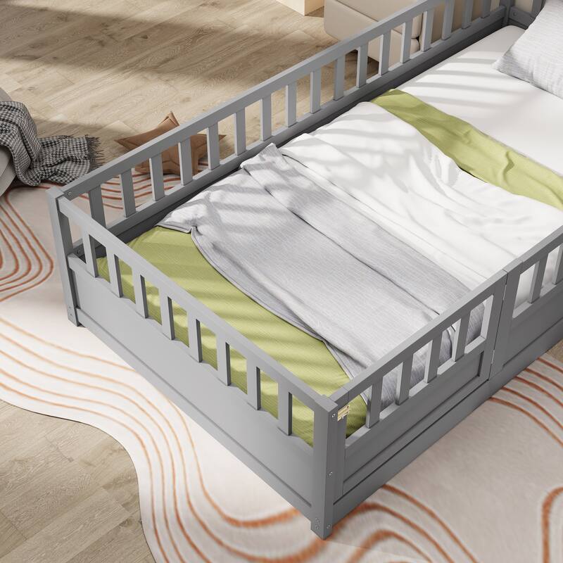 Children's Twin Floor Bed with Safety Guardrails & Door, Montessori Wooden Bed Frame for Bedroom Play Area