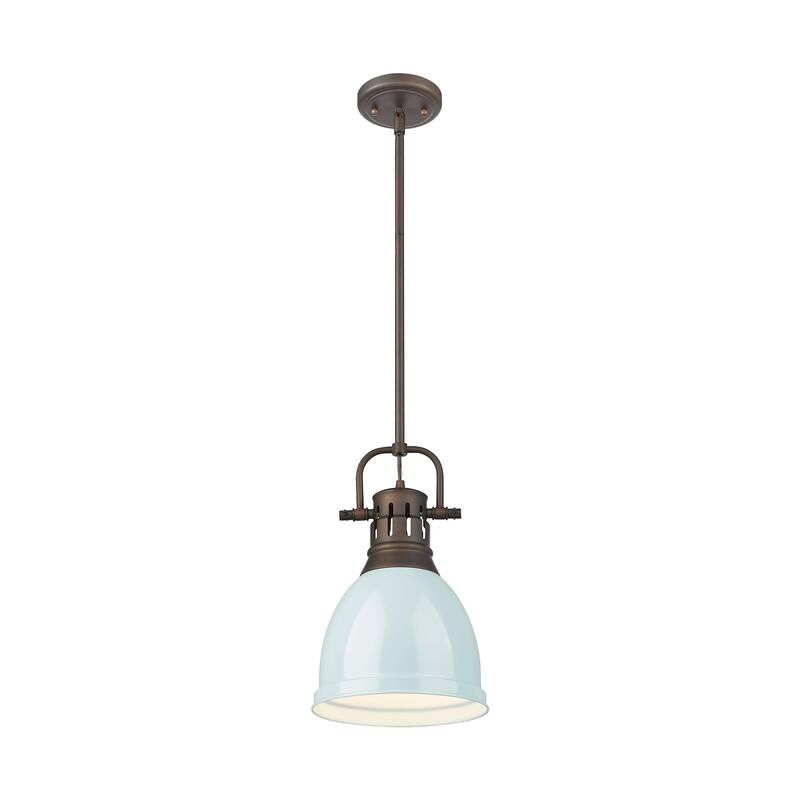 Yep by Golden Lighting Duncan 1-light 9in Rod Hung Pendant in Rubbed Bronze and Seafoam shade
