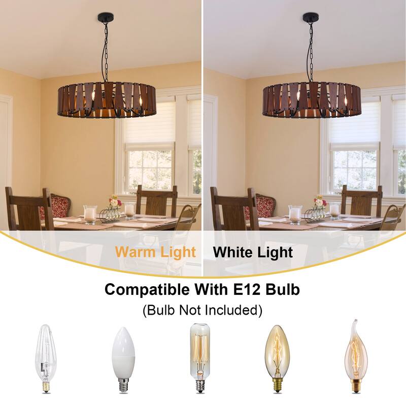 6 - Light Industrial Wood Chandelier, Retro Circular Ring Design with Iron Chain - Matte Black