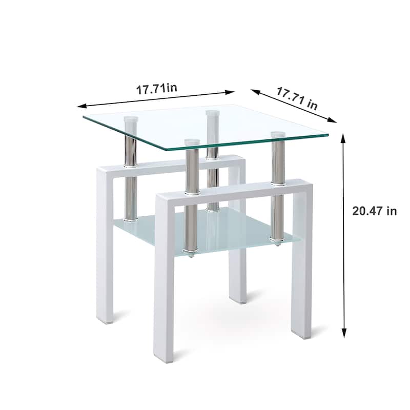 White Two-Tier Tempered Glass End Table with Storage‌