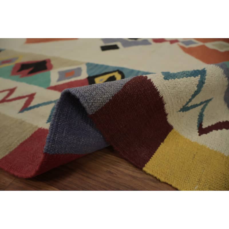Hand Woven Oriental 100% Wool Carpet Southwestern Modern Beige & Ivories Kilim Area Rug - 12' 0'' X 5' 1''