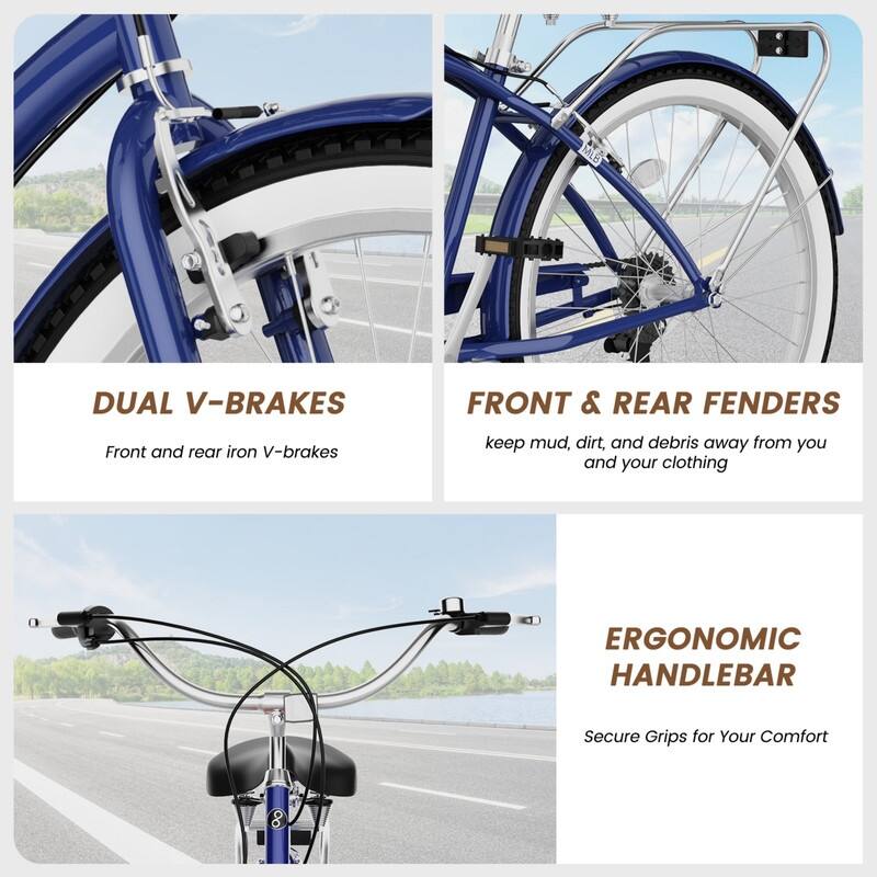 Beach Cruiser Bike for Women and Men, 24/26 Inch 7-Speed Adult Bicycle