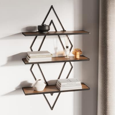 Clarissa Geometric Wood-Metal Modern Wall Shelf - 26"H x 16"W x 5"D