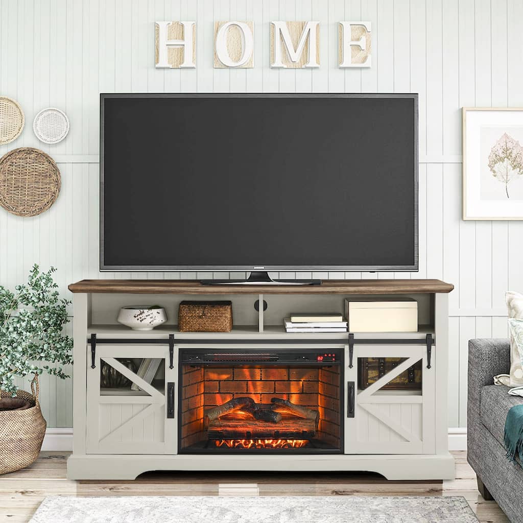 60"W Fireplace TV Stand with Sliding Barn Door, Farmhouse TV Console - 60"L x 15.75"W x 32"H