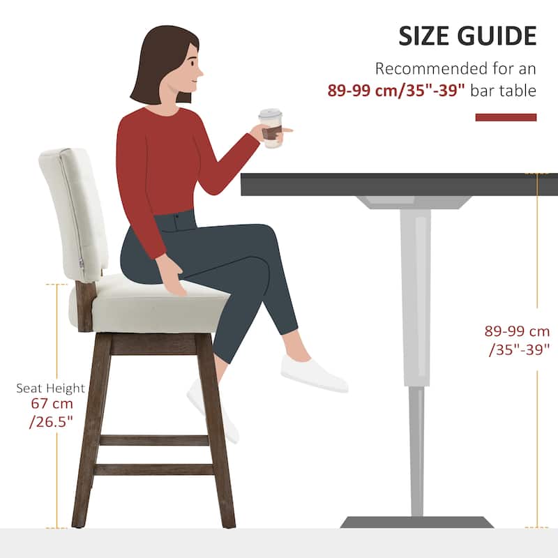 HOMCOM Swivel Bar Stools Set of 2, Fabric Tufted Counter Height Bar Stools with Rubber Wood Legs and Footrest for Dining Room