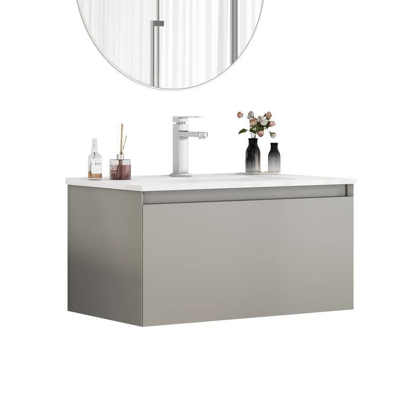 Wall-Mounted Bathroom Vanity, Floating Single Drawer Cabinet, 32 Inch Integrated Ceramic Sink