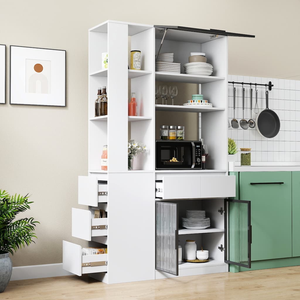 Modern Wood Storage Cabinet with Glass Doors and 5 Drawers by GDFStudio