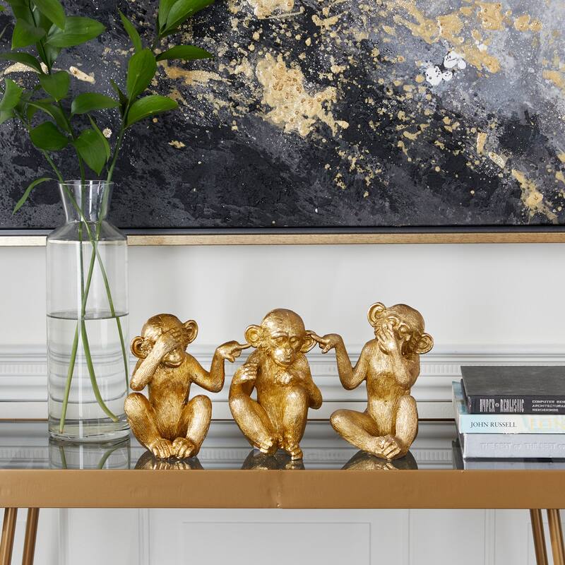 Polystone Monkey See No Evil Sculpture - Set of 3 Gold - Roche River Decor - 4"W x 4"L x 6"H