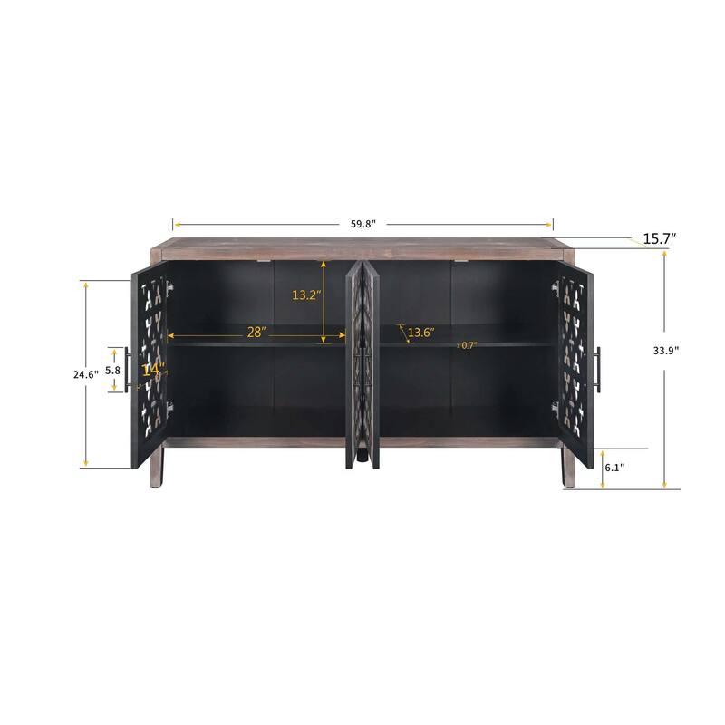 Hollowed-Out Floral 4 Doors Antique Cabinet, Freestanding Wooden Storage Cabinet, Accent Cabinet with Adjustable Shelf