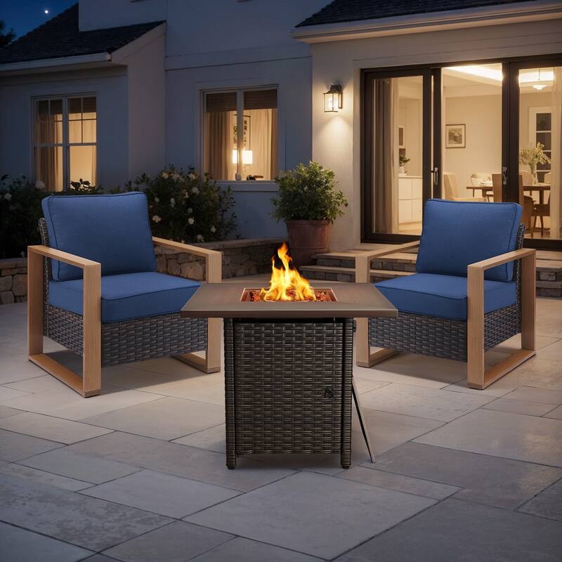 Meyreso 3-Piece Wicker Patio Conversation Set with Fire Pit & Plush 4.5" Olefin Cushions - Brown Wicker - Navy Blue Cushions