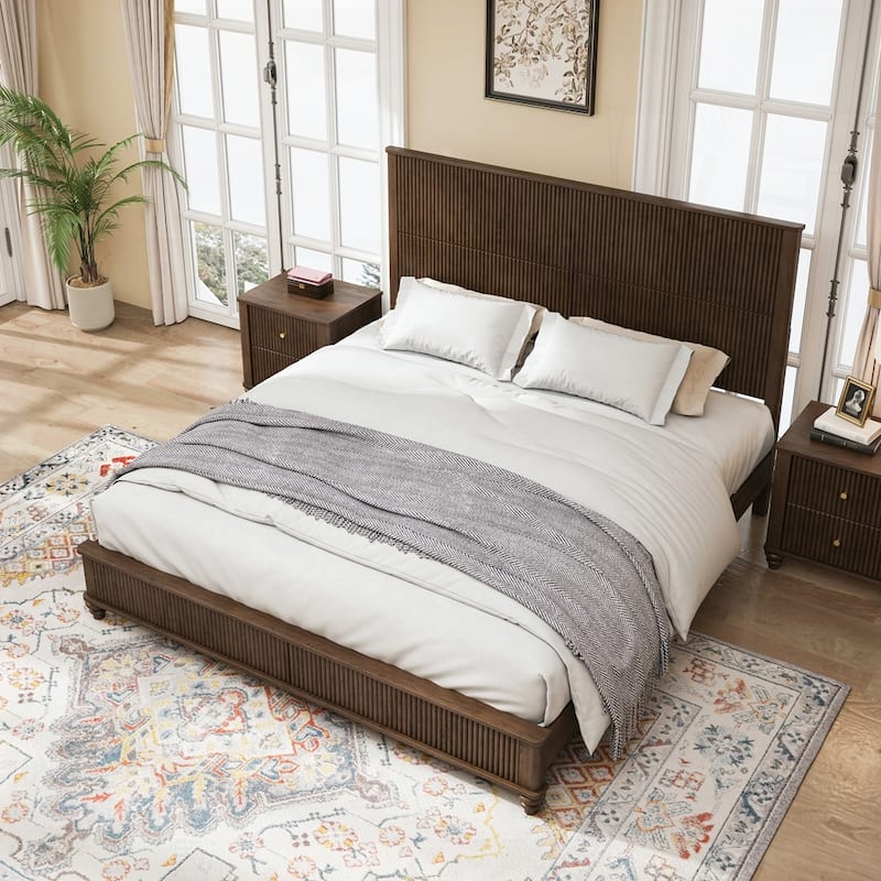 Solid Wood Bed Frame with Tall Headboard - Walnut - King