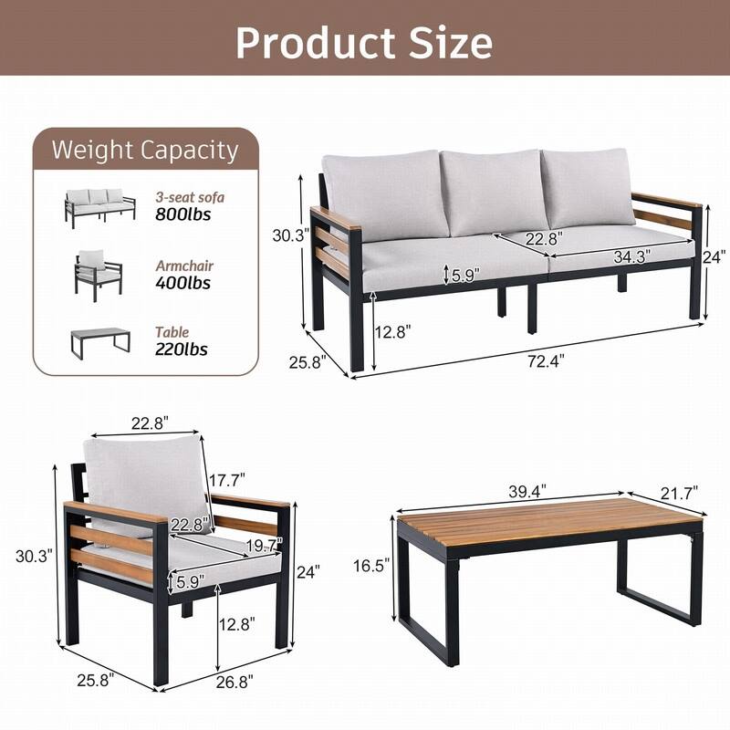 5-Person Outdoor Sofa Set with Acacia Wood Armrests and Removable Cushions