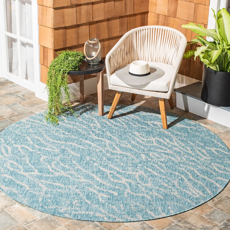 SAFAVIEH Courtyard Jenneke Indoor/ Outdoor Waterproof Patio Backyard Rug - 6'7" Round - Aqua/Grey