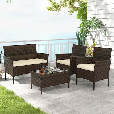 4 PCS Outdoor Rattan Conversation Set Patio Wicker Furniture Set