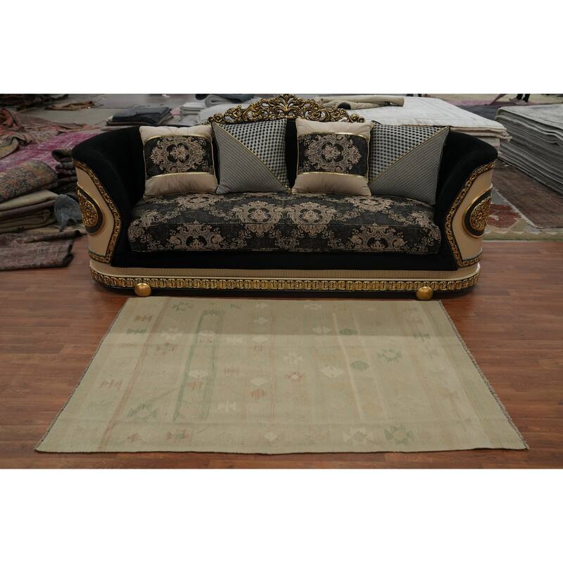Hand Woven Oriental 100% Wool Carpet Southwestern Tribal Beige & Ivories Kilim Area Rug - 6' 0'' X 4' 0''