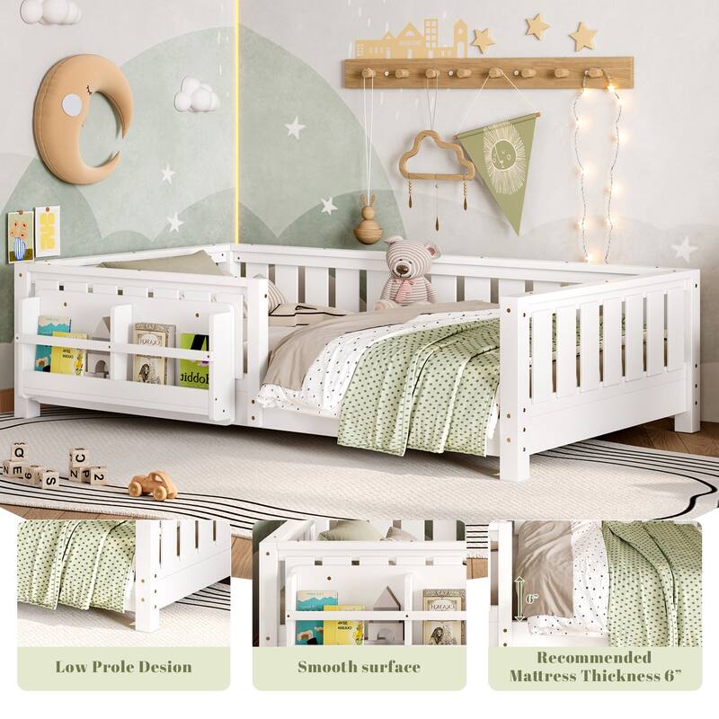 Montessori Floor Bed Low Profile Kids Bed with Rails & Bookshelf