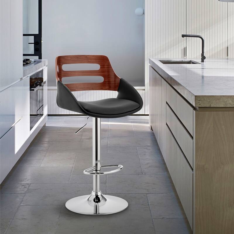 Karter Faux Leather and Wood Adjustable Swivel Bar Stool - Black, Walnut and Chrome