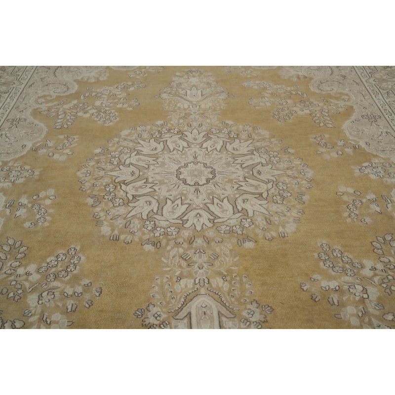 Hand Knotted Oriental 100% Wool Carpet Traditional Floral Yellow & Gold Kerman Area Rug - 12' 9'' X 9' 6''