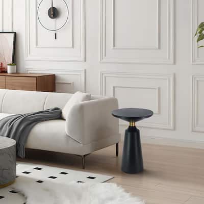 Fawn 20 Inch Side End Table, Black Mango Wood Round Top with Pedestal Base, Shiny Brass Support