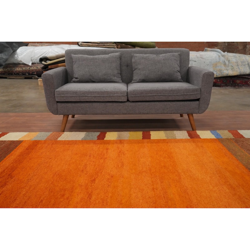 Hand Knotted Oriental 100% Wool Carpet Modern Bordered Oranges & Rust Gabbeh Area Rug - 9' 9'' X 6' 5''