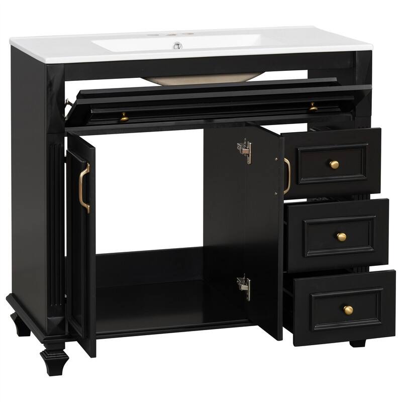 36" Bathroom Vanity with Ceramic Sink, Freestanding Bathroom Vanity Cabinet with Flip-Out Drawer, 3 Drawers & 2 Soft-Close Doors