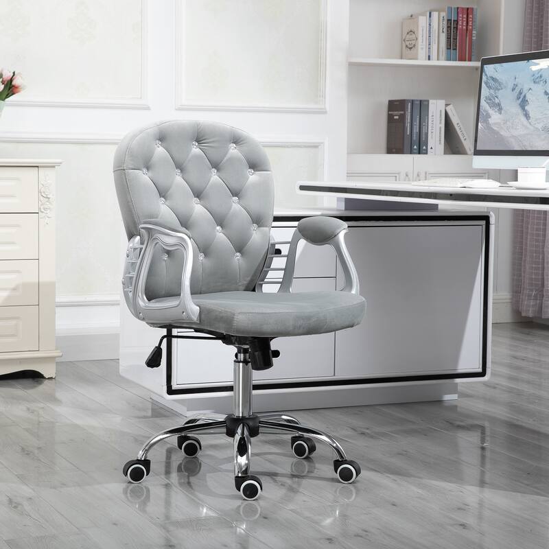 Modern Velvet Office Chair Button Tufted Desk Chair with Curved Backrest, 360° Swivel Seat and Wheels, for Home Office