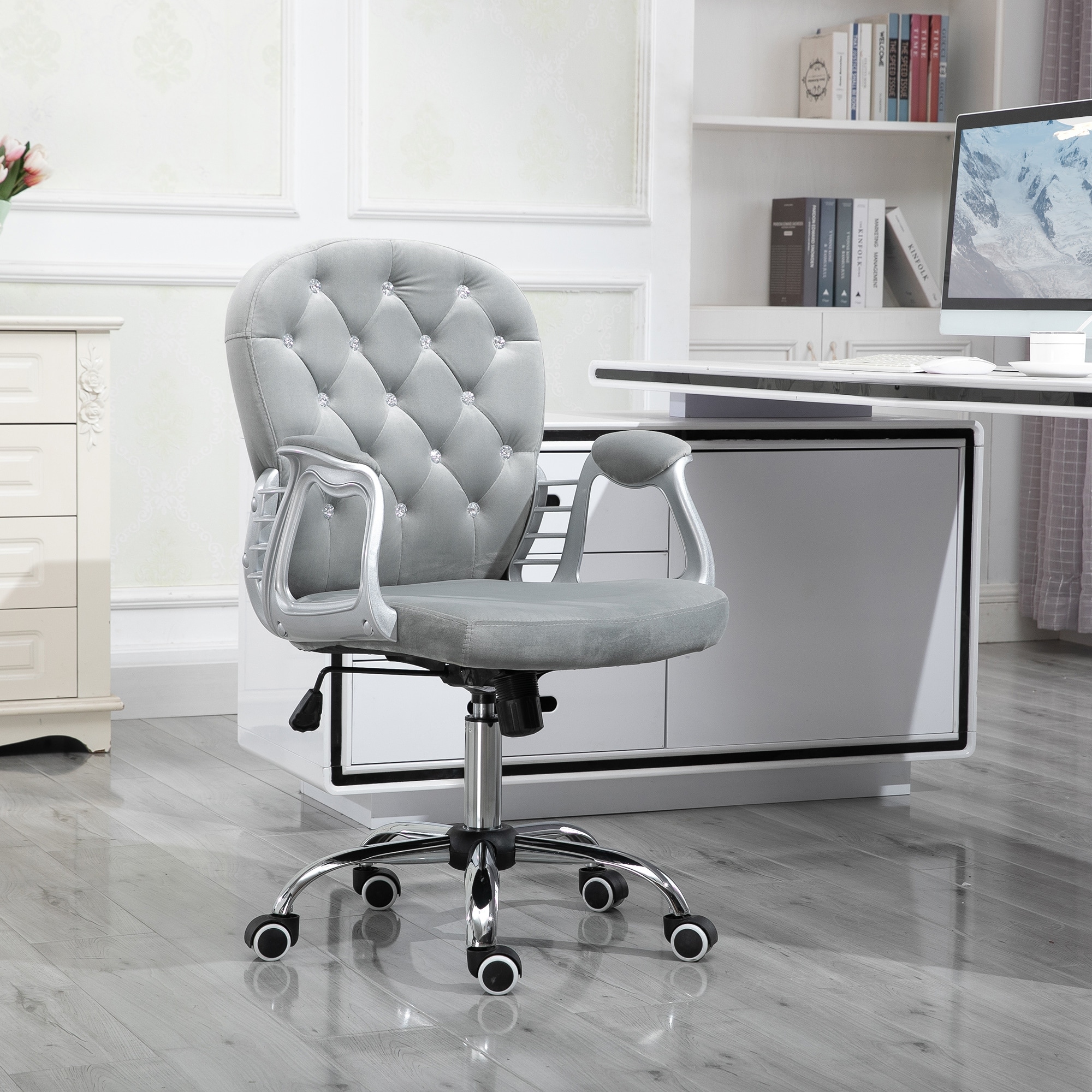 PU Leather Home Office Chair, Button Tufted Desk Chair with Padded Armrests