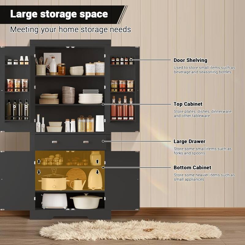 72" Tall Pantry Storage Cabinet for Kitchen, Living Room, Dining Room - Black