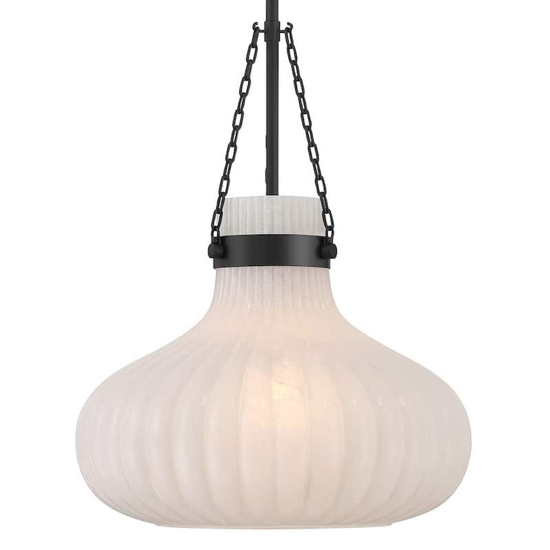 Bellevue SHP77026 15" Wide Pendant with Ribbed Strié Glass Shade - Matte Black