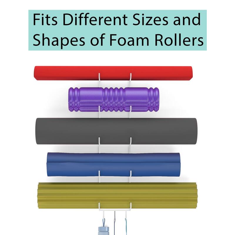 Wallniture Guru 5-Sectional Wall Mount Foam Roller and Yoga Mat Holder with 3 Hanging Hooks