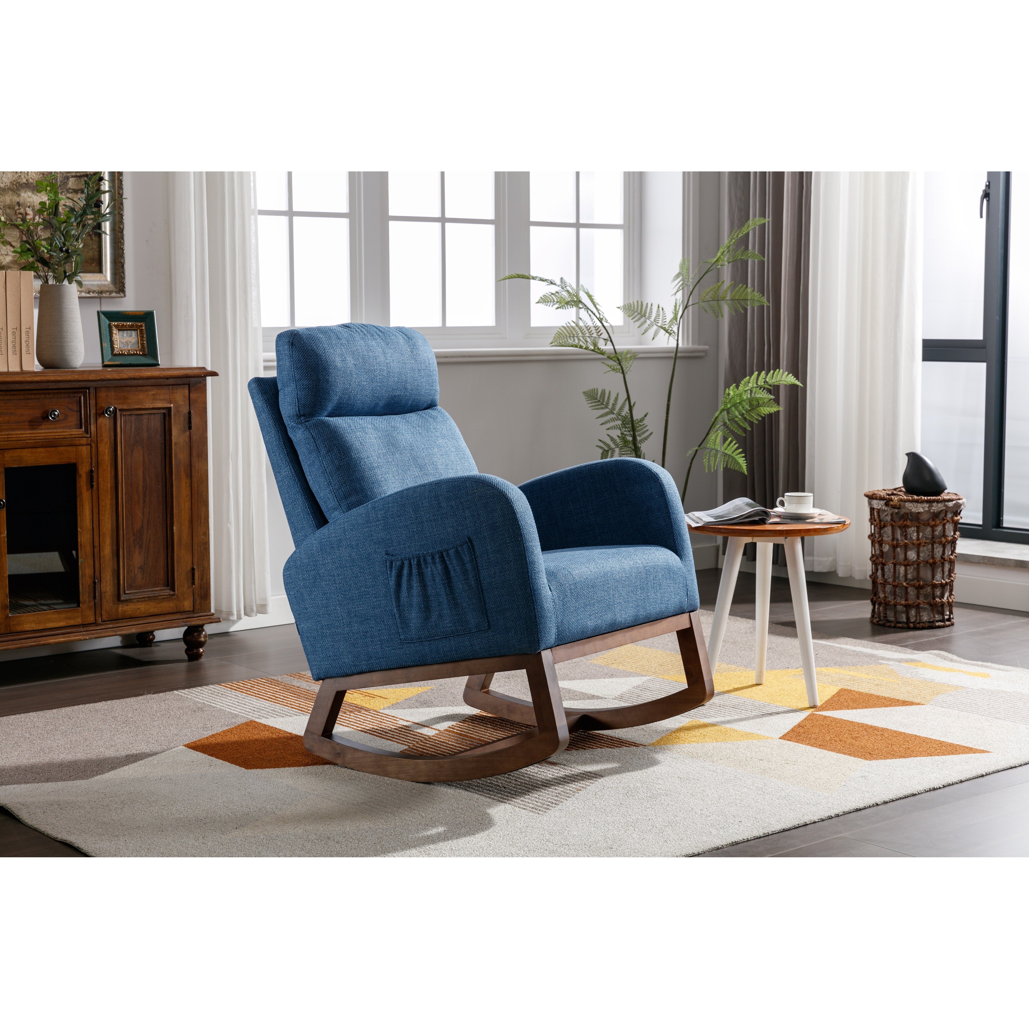 Modern Tall Back Accent Rocker Chair Fabric Upholstered Armchair with Side Pockets Leisure Single Sofa for Livingroom Blue