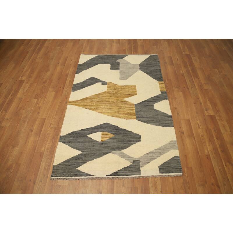Hand Woven Oriental 100% Wool Carpet Southwestern Modern Beige & Ivories Kilim Area Rug - 5' 1'' X 3' 3''