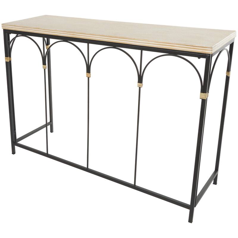 Wooden Arched Console Table with Wood Zig Zag Patterned Top and Rattan Accents - Black - Roche River Decor - Black