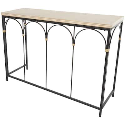 Wooden Arched Console Table with Wood Zig Zag Patterned Top and Rattan Accents - Black - Roche River Decor