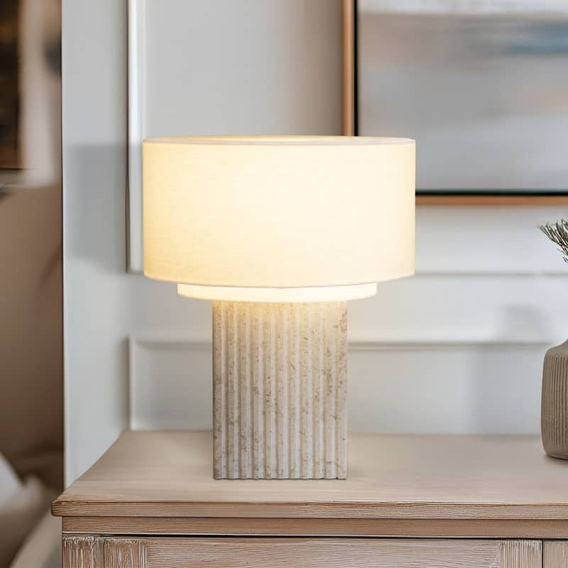 Brightech Atticus LED Natural Beige Stone Modern Industrial Square Dimmable Bedside Nightstand Desk Lamp