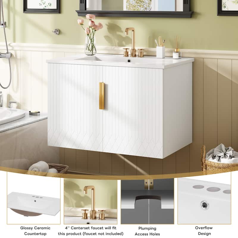 30" Wall-Mount Bathroom Vanity with Ceramic Sink, Floating Bathroom Storage Cabinet Wall Cabinet - 30 Inch