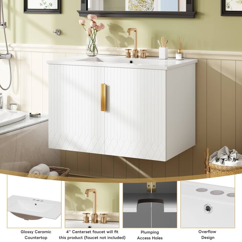 30 Inch Floating Bathroom Vanity with Ceramic Basin, Dual Doors, Adjustable Shelf, Solid Wood Frame Cabinet