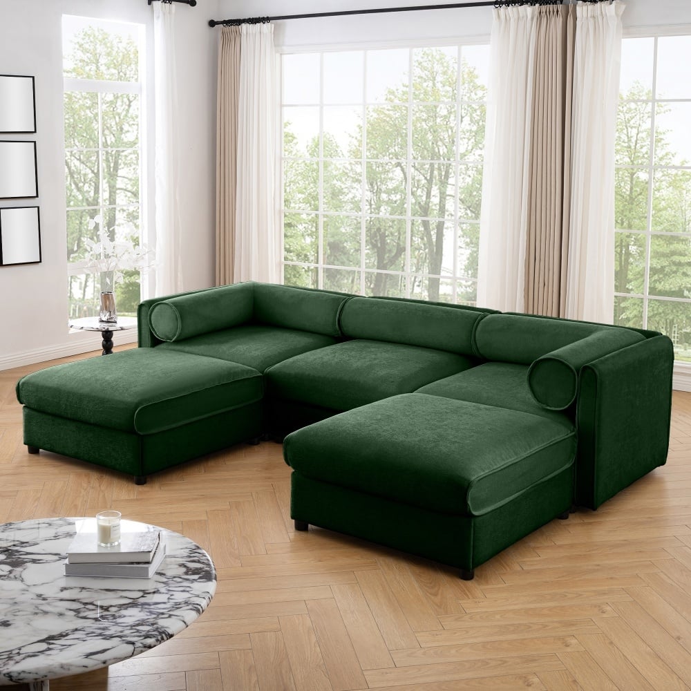 Modern 3-seater Chenille Sectional Sofa with Hidden Storage Seats & Ottoman
