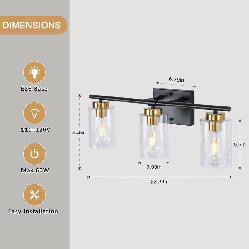 22.83 in. 3-Light Modern Wall Sconce Bathroom Vanity Light with Glass Shade
