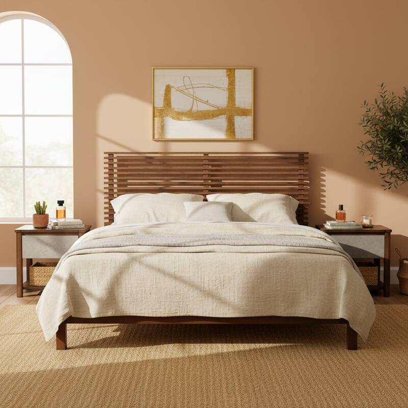 Christopher Knight Home - Stirling Contemporary Bedroom Set with Horizontal Slats Design Bed Frame & Shelf Storage Nightstands