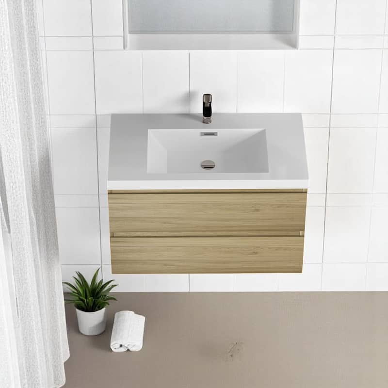 36 Inch Wall Mounted Bathroom Vanity with Resin Top Sink, Floating Storage Cabinet, Soft-Close Drawers