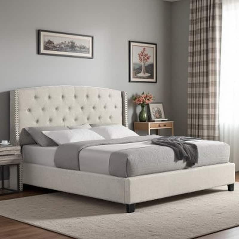 Beige Queen Upholstered Wingback Bed with Button Tufted Headboard and Nailhead Accents, Linen-Like Fabric Frame - Beige