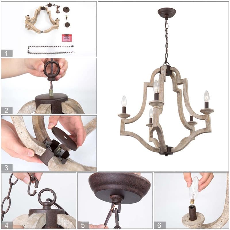 Gula Modern Farmhouse 5-Light Distressed Wood Candle Chandelier Wheel Lantern Hanging Foyer Pendant Light - L23.2" xW23.2 "xH24"